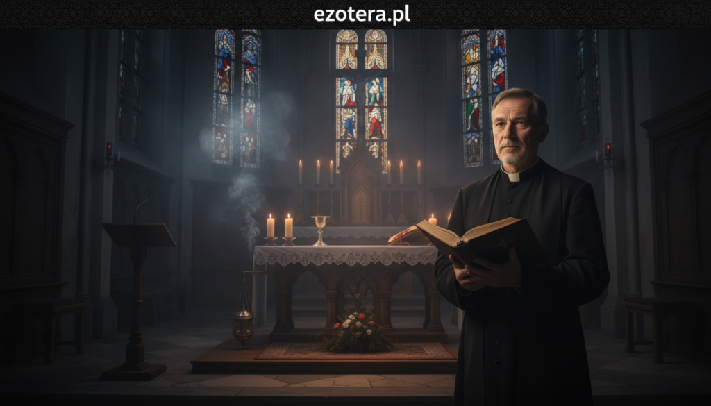 A somber and atmospheric scene depicting a church interior for a discussion on "exorcisms in Poland." In the foreground, a priest in modest attire stands solemnly, holding a Bible, with a look of determination and compassion. The middle ground features a candle-lit altar adorned with religious artifacts, casting flickering shadows. The background shows stained glass windows illuminated by the soft glow of twilight, enhancing the mood of reverence and mystery. The lighting is warm yet dim, giving the image a contemplative feel. Subtle hints of incense smoke weave through the air, adding to the ambiance. The overall composition should evoke a sense of introspection and spirituality, perfect for the exploration of exorcism principles. Brand name: ezotera.pl.