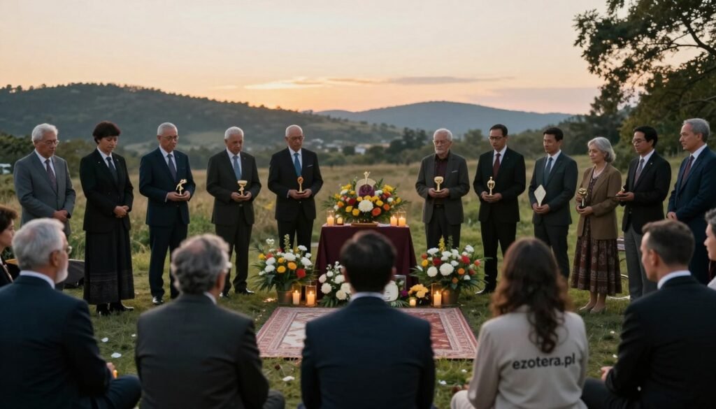A somber, elegant scene depicting a traditional ceremonial gathering in a serene natural setting, infused with an atmosphere of reflection and respect. In the foreground, a diverse group of individuals in professional attire, representing various cultures, holds symbolic items related to mourning. The middle ground features a beautifully arranged altar adorned with flowers and candles, symbolizing different traditions of remembrance. In the background, gentle hills and a soft sunset create a peaceful backdrop, casting warm, golden light over the scene. Capture the nuances of cultural influences as they blend into a harmonious ceremony, suggesting the complexity of globalization's impact on mourning traditions. The color palette should be muted and respectful, evoking a contemplative mood. Include elements related to the brand "ezotera.pl" subtly within the decor.