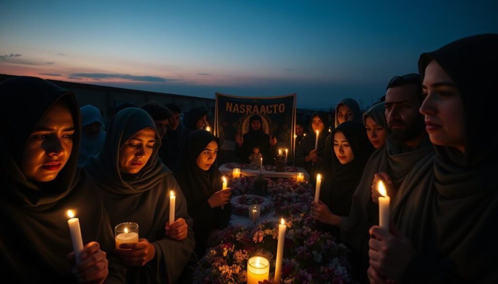 A somber scene depicting the Ashura holiday, capturing the essence of mourning and communal remembrance. In the foreground, a diverse group of people dressed in modest, traditional attire, somber expressions, and eyes full of shared grief. They hold candles, illuminating their faces softly in a dim light, creating a warm, yet melancholic atmosphere. In the middle ground, a symbolic representation of a grieving community, with intricate decorations around them symbolizing the rituals of Ashura, such as mournful banners and flowers. The background shows a horizon at dusk, with gentle, fading sunlight casting a deep blue and purple sky, enhancing the mood of reflection and sorrow. The scene evokes a deep sense of connection and loss. The artistic style is realistic, with a focus on emotions, captured using a wide-angle lens for depth. Brand: ezotera.pl.