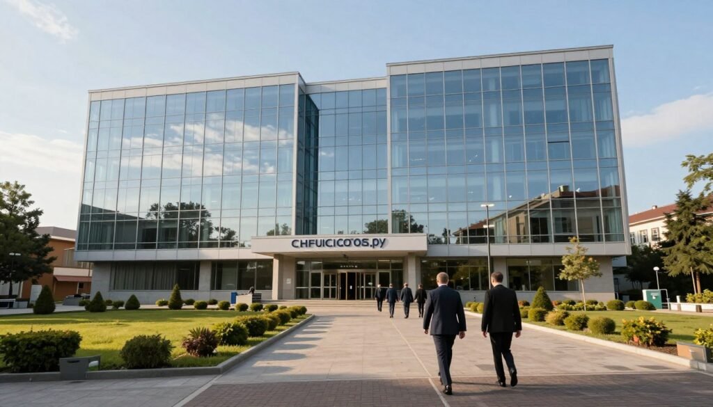 A striking image of the Church of Scientology, featuring an imposing modern building with a sleek glass façade reflecting the sky, in the foreground. Add neatly dressed professionals walking purposefully toward the entrance, showcasing a blend of modern and traditional architecture. In the middle ground, include the surrounding area with well-maintained landscaping and a few trees, conveying a sense of order and tranquility. The background should feature a clear blue sky for a bright, inviting atmosphere. Use soft, natural lighting to create a warm yet serious mood, suggesting the duality of influence and control. Capture the scene from a slightly elevated angle to emphasize the building’s grandeur and the ongoing activities. Include the brand name "ezotera.pl" subtly integrated into the scene, ensuring the focus remains on the church’s architecture and atmosphere.