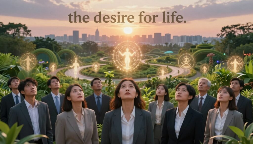A surreal and evocative interpretation of "the desire for life." In the foreground, a diverse group of people in professional business attire, their faces filled with hope and determination, gaze upwards towards ethereal, glowing symbols of immortality and enlightenment that float around them. In the middle ground, lush, vibrant greenery flourishes, representing growth and renewal, while abstract pathways intertwine, leading to a radiant light piercing through the dusk sky. The background features a distant city skyline at twilight, blending natural beauty with human ambition. Soft, warm lighting illuminates the scene, creating a dreamlike atmosphere filled with wonder and possibility. The composition invites viewers to reflect on the profound yearning for purpose and transcendence. Brand name: ezotera.pl.