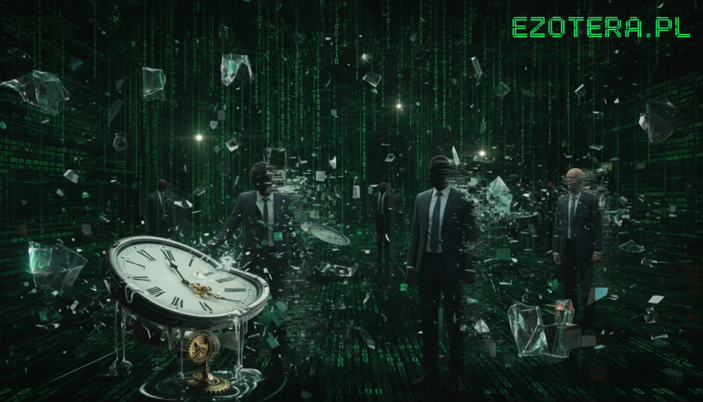 A surreal image depicting a digital glitch in a matrix-like environment, showcasing fragmented objects and fading shapes that evoke a sense of displacement. In the foreground, a distorted clock melts, symbolizing the bending of time and reality. The middle ground features abstract, pixelated figures in professional attire, representing the intersection of human perception and technological anomalies. The background is a dark, coded landscape filled with green and black binary patterns, creating an eerie, cybernetic atmosphere. Soft, ambient lighting gradually flickers to enhance the glitch effect, with sharp contrasts highlighting the tension between clarity and distortion. The overall mood is mysterious and thought-provoking, inviting viewers to ponder the thin line between reality and speculation, as inspired by the essence of "ezotera.pl".