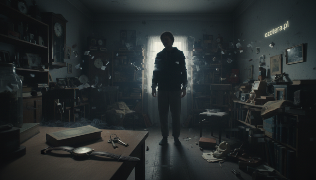 A surreal scene depicting a room cluttered with various objects that seem to disappear into thin air, symbolizing the idea of lost items. In the foreground, a table rests under dim, ambient lighting, scattered with everyday objects like a watch, keys, and a book with a faded cover, all gently fading at the edges. In the middle ground, a shadowy figure in modest casual clothing attentively surveys the room, their face reflecting confusion and curiosity. The background showcases shelves filled with more objects, some of which are partially transparent, blurring into the surrounding environment, creating a glitch-like effect. The atmosphere is moody and introspective, emphasizing the mysterious nature of disappearing items. High-resolution, soft focus, shot with a 50mm lens to highlight the details. Brand logo subtly positioned: "ezotera.pl".