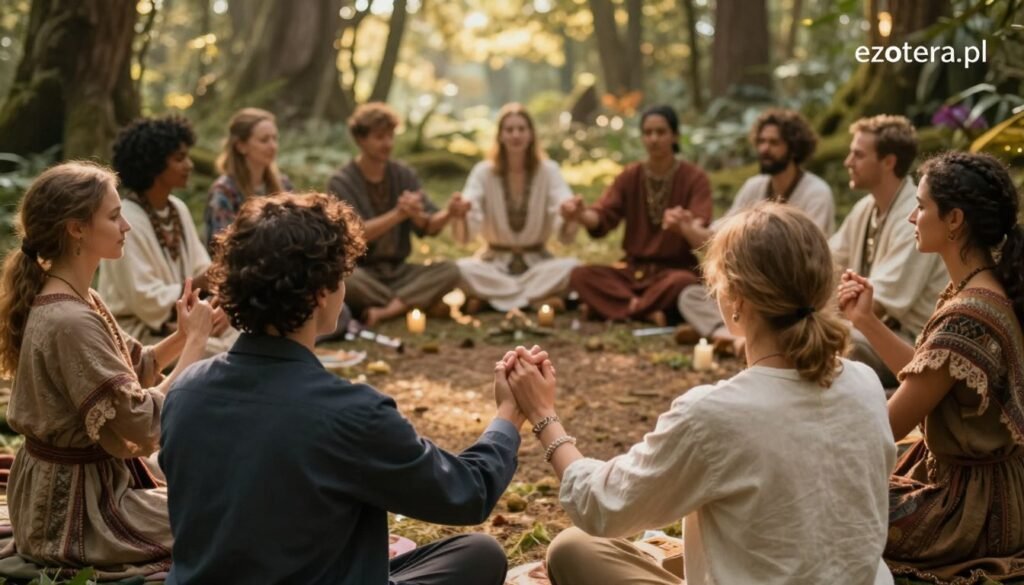 A symbolic representation of "communitas" in a mystical ritual setting, showcasing a diverse group of individuals engaged in a harmonious, collaborative ceremony. In the foreground, two people, one with dark hair in a professional attire and the other with light hair in modest casual clothing, share a moment of unity, holding hands. The middle ground features a circle of participants, dressed in traditional garb, creating an atmosphere of connection and belonging. The background reveals enchanting forest elements bathed in soft, dappled light, suggesting a sacred space. The scene is illuminated with warm, golden tones that evoke a sense of tranquility and spiritual awakening. Shot from a low angle to emphasize the communal bond and the ethereal setting of this transition ritual. Branding subtly includes "ezotera.pl" in the corner, maintaining focus on the depicted moment.