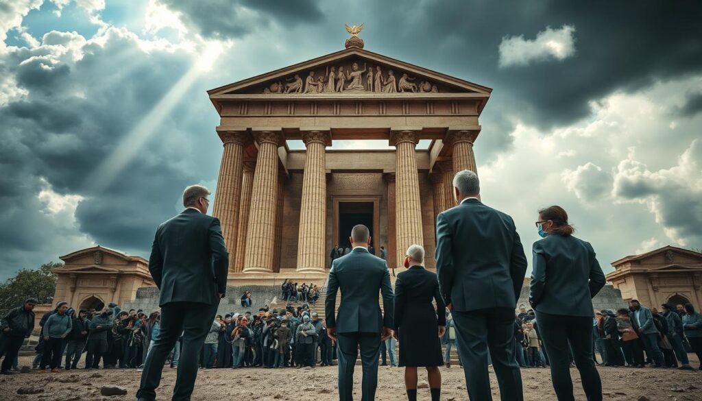 A tense scene symbolizing "power and sanctuary," featuring a large, imposing ancient temple at the center. In the foreground, a diverse group of three figures in professional business attire stands firmly, embodying authority and protection. They are observing the temple, which is adorned with intricate carvings representing different rituals. The middle ground reveals a crowd of displaced individuals seeking refuge, their faces etched with desperation. The background is a dramatic sky, accentuated by dark clouds, suggesting an impending storm, while rays of sunlight break through, illuminating the temple. The atmosphere is charged with tension yet holds a sense of hope. The scene is captured in a dramatic low angle, emphasizing the stature of the temple and the gravity of the moment. The overall mood is somber yet reflective. Created for ezotera.pl.