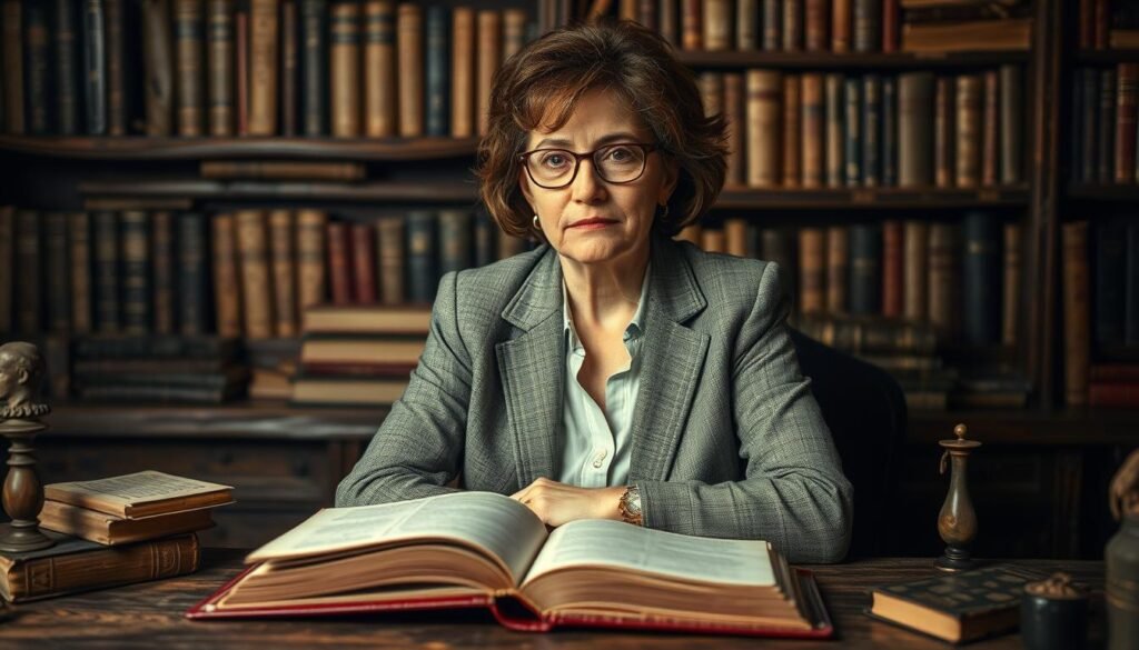 A thoughtful portrait of Barbara Ehrenreich, embodying her intellectual presence, dressed in a professional blazer that conveys authority and insight. She is seated at a rustic wooden desk surrounded by ancient texts and artifacts, symbolizing the deep connection to the themes of blood, silence, and fire in the context of forbidden rituals. Soft, atmospheric lighting casts gentle shadows, highlighting her contemplative expression as she engages with a leather-bound book open in front of her. The background features muted shelves filled with literature, creating a scholarly environment that enhances the depth of the image. The overall mood is one of reflection and scholarly inquiry, befitting the serious subject matter. Branding elements such as "ezotera.pl" can be subtly included in the decor of the workspace, enhancing the professional setting.