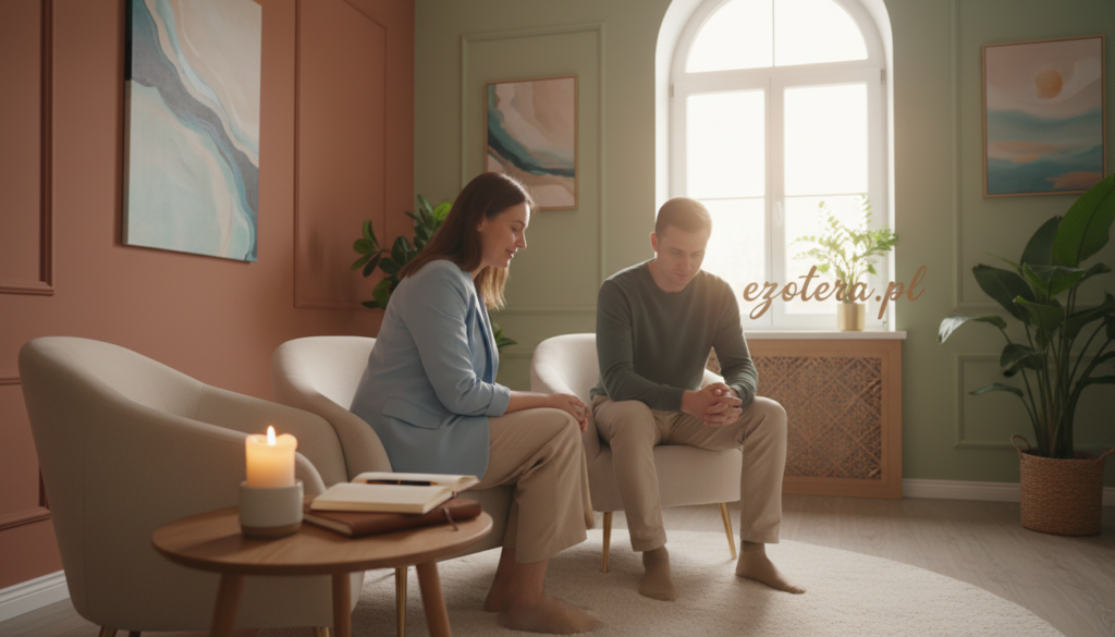 A tranquil, softly lit therapy room, emphasizing a soothing atmosphere. In the foreground, a comfortable armchair is placed beside a small table with a lit candle and a notebook, symbolizing introspection. In the middle, a professional therapist, dressed in smart casual attire, sits attentively, offering support to an individual seated across from them, who appears reflective and calm. The background features warm-colored walls adorned with calming artwork, and a large window allowing gentle natural light to stream in, casting a serene glow. The overall mood is one of peace and healing, reflecting the journey of overcoming night terrors. The scene subtly includes the brand name "ezotera.pl" in a harmonious manner that does not distract from the calming essence of the image.
