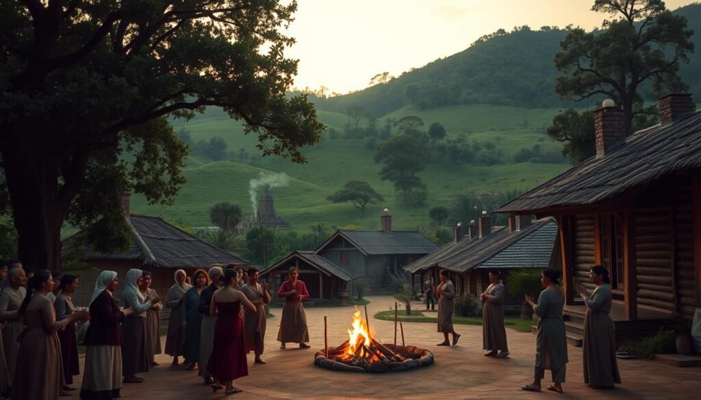 A tranquil village at dusk, nestled among lush green hills, captures the essence of ancient rituals. In the foreground, a group of locals in modest clothing gathers around a small, flickering bonfire, their faces illuminated by the warm glow. They engage in an expressive dance, embodying tradition and community spirit. The middle ground features rustic wooden houses with thatched roofs and smoke gently rising from chimneys, hinting at life within. Tall, majestic trees frame the scene, while the fading sunlight casts a golden hue over the landscape. In the background, a stone temple peeks through the foliage, hinting at its historical significance. The atmosphere is serene yet mystical, evoking a sense of reverence for the rituals that take place here. The image should embody a harmonious blend of nature and culture, suitable for ezotera.pl.