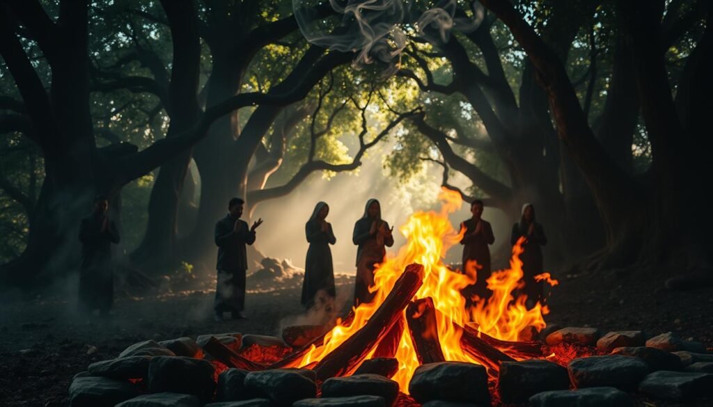 A vibrant and mystical scene depicting fire in rituals, focused on cleansing, transformation, and connection to the sacred. In the foreground, a ceremonial fire crackles with vivid orange and yellow flames, surrounded by stones arranged in a circle. Ethereal smoke swirls upward, illuminated by flickering light. In the middle, shadowy figures dressed in modest traditional attire are engaged in a ritual, their movements graceful and respectful, conveying a sense of spiritual connection. The background features a dark forest, where ancient trees bow slightly, adding to the mysterious atmosphere. Soft, ambient lighting filters through the leaves, creating a sacred, otherworldly ambiance. The image should evoke feelings of reverence and awe, without any text or watermarks, with a focus on the emotional power of the fire in rituals. – ezotera.pl