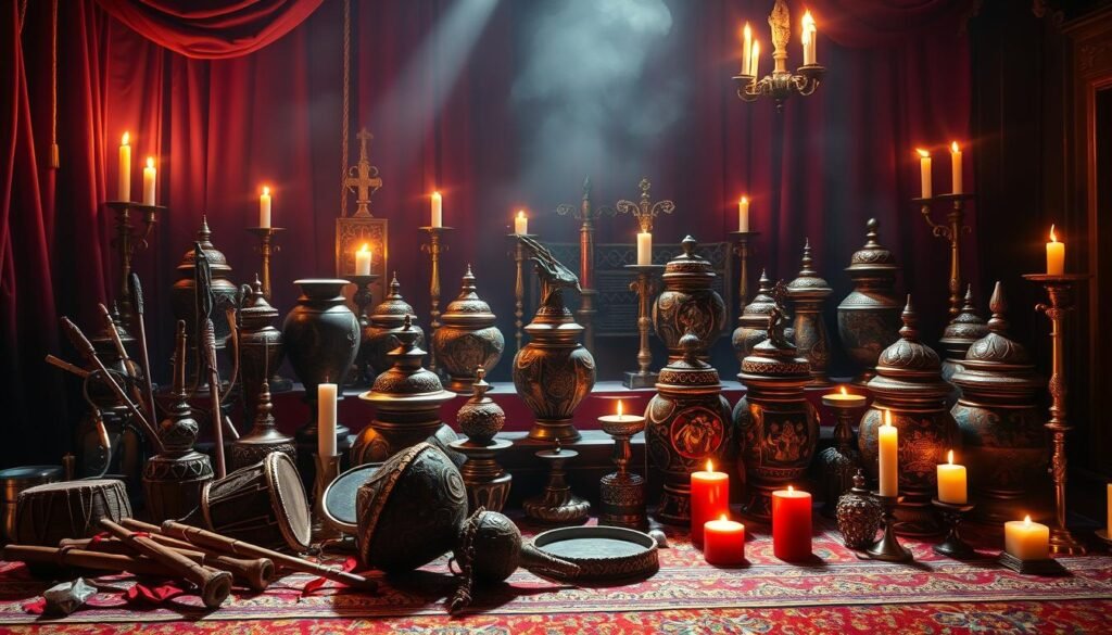 A vibrant assortment of colorful ceremonial props, symbolizing various cult rituals, elegantly arranged on a richly embroidered altar. In the foreground, intricate musical instruments like drums and flutes stand out amid a backdrop of vivid, ornate fabrics. The middle ground features an array of elaborately designed urns, each reflecting a unique cultural motif, bathed in soft, ethereal lighting. In the background, shadows create a mysterious atmosphere, enhanced by flickering candles casting playful reflections. The image evokes a sense of wonder and intrigue, capturing the shocking visual elements found in ritualistic practices. Shot from a slightly elevated angle with a warm color palette, this scene embodies the captivating essence of “kolorowe rekwizyty urny,” perfect for the theme. Branding subtly read as "ezotera.pl".