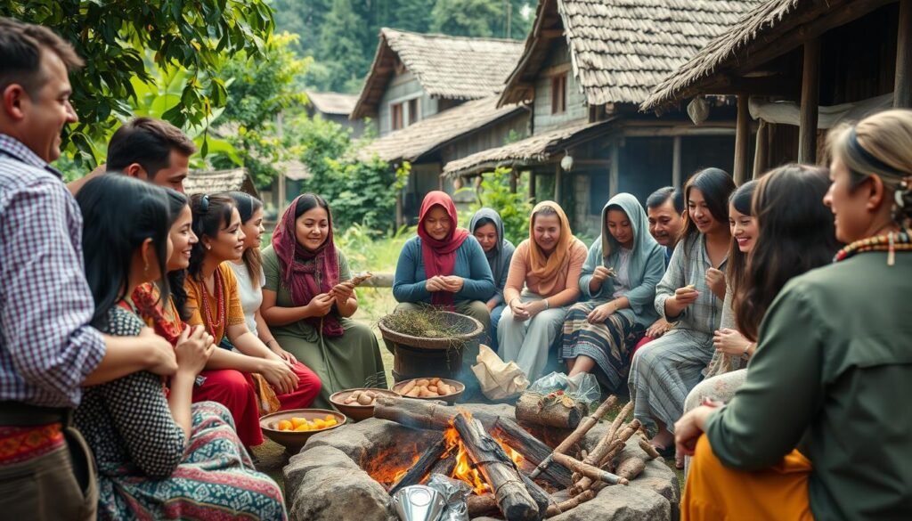 A vibrant depiction of a diverse community gathering in a village setting, showcasing traditional rituals and social interactions. In the foreground, a group of people, dressed in modest casual clothing, engages in meaningful conversations, sharing stories and laughter, symbolizing connection. The middle ground features a central fire, where some participants are preparing festive foods, while others are creating intricate, handmade decorations. The background reveals lush greenery and rustic homes, adding an earthy ambiance. Soft, warm lighting enhances the sense of togetherness, casting gentle shadows that evoke nostalgia. Capture the essence of community spirit and social bonds, reflecting the cultural significance of ritual practices. Ensure the image is aligned with the essence of "ezotera.pl".