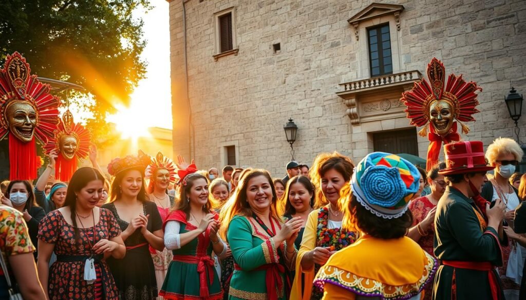 A vibrant festival scene in Spain, showcasing traditional rituals blending elements of the sacred, humor, and risk. In the foreground, a group of people dressed in colorful, traditional attire, engaging in ceremonial activities with a joyous expression, embodying the spirit of the festival. The middle ground features intricate decorations, such as ornate masks and elaborately adorned floats, contrasting with the lively participants. The background reveals an ancient stone building, illuminated warmly by golden hour sunlight, casting long shadows that add depth. The atmosphere is playful yet reverent, capturing the essence of Spain's intriguing customs. The image should evoke curiosity and celebration, reflecting the theme of secrecy and tradition. No text or watermarks; produced for ezotera.pl.