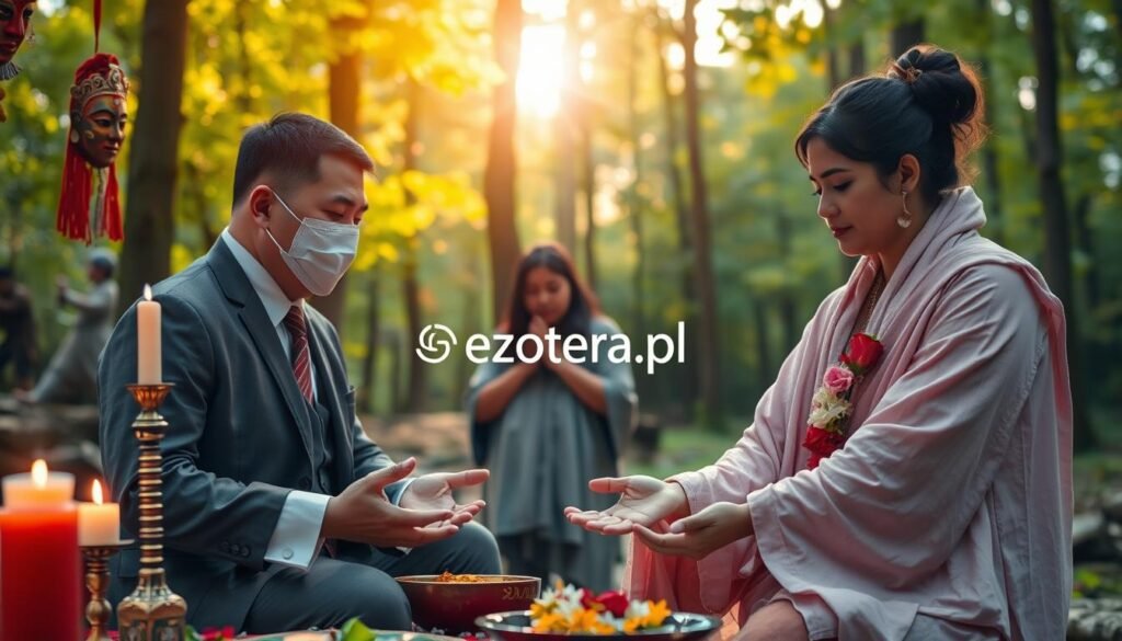 A vivid depiction of gender differences in rituals, showcasing a contrasting atmosphere between male and female ceremonial practices. In the foreground, a male figure in professional attire engages in a solemn, traditional rite, surrounded by symbolic artifacts like masks and candles, conveying strength and authority. In the middle, a female figure in modest casual clothing participates in a nurturing ritual, adorned with flowers and soft fabrics, representing community and connection. The background features a lush forest setting, softly illuminated by warm, dappled sunlight filtering through the trees, creating an intimate and reflective mood. The composition highlights the duality of these gendered experiences in rituals. The brand "ezotera.pl" is subtly integrated into the scene, emphasizing its connection to ancient practices and contemporary interpretations.