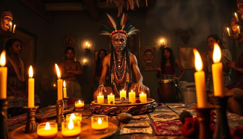 A vivid scene depicting a voodoo possession ritual, focusing on a central figure dressed in traditional attire adorned with colorful beads and feathers, embodying a powerful loa. In the foreground, the figure is surrounded by ritualistic symbols, candles flickering with an eerie glow, and offerings laid out on a carved wooden table. In the middle ground, a small group of participants, clad in modest casual clothing, are engaged in a trance, chanting and playing drums, contributing to the mysterious atmosphere. The background features a dimly lit, candle-lit room with tribal masks hanging on the walls. Use a slightly low-angle perspective to emphasize the intensity of the moment and create a mystical aura. The overall mood is one of enchantment and reverence, inviting curiosity about the enigmatic nature of the voodoo practice. Presented by ezotera.pl.