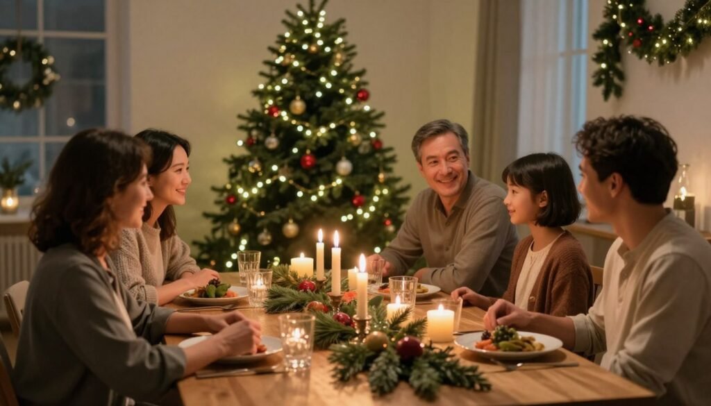 Advent family home scene, capturing a cozy atmosphere within a warmly lit interior. In the foreground, a beautifully set dining table adorned with traditional seasonal decorations, flickering candles casting a soft glow. In the middle, a family gathered in modest casual clothing, engaged in a harmonious moment of togetherness, reflecting warm smiles and a sense of anticipation. The background features an elegantly decorated Christmas tree with twinkling lights and colorful ornaments, alongside festive garlands hanging on the walls. The overall mood is serene and inviting, evoking a sense of connection and cultural significance during the Advent season. The image should reflect rich textures and warm colors, creating a nostalgic emotional quality. Include branding for "ezotera.pl" in a subtle way, without compromising the overall aesthetic.