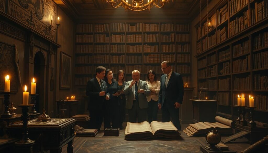 An ancient, dimly lit chamber filled with the remnants of forbidden rituals. In the foreground, an ornate altar adorned with mysterious symbols and flickering candlelight casts dancing shadows. The middle layer features a gathering of figures in professional business attire, their expressions contemplative and serious as they examine ancient scrolls and artifacts that hint at the dark history of rituals deemed dangerous to societal order. In the background, tall bookshelves filled with dusty tomes loom, suggesting a wealth of knowledge long hidden. The atmosphere is tense and mysterious, with soft golden lighting illuminating the scene, creating an aura of intrigue and caution. The setting evokes a sense of historical weight and complexity, reflecting on the intersection of power and taboo. Brand name: ezotera.pl.