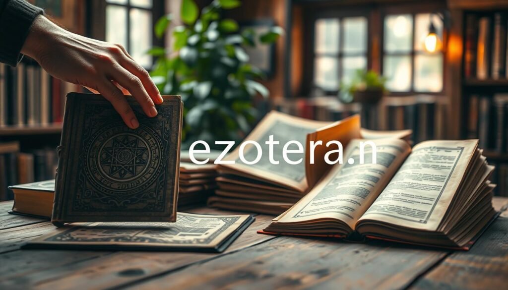 An inviting and detailed scene showcasing a beautifully arranged display of books about forbidden religions and secretive rituals, positioned on a rustic wooden table. In the foreground, a person's hands are gently reaching towards an ancient-looking tome, with intricate designs on the cover visible. The middle ground features several other books, some partially open, revealing aged pages filled with mysterious symbols. The background is softly blurred, suggesting a cozy library ambiance, with warm, ambient lighting casting soft shadows. A hint of green foliage peeks in from a nearby window, adding a serene touch. The overall atmosphere is curious and inviting, encouraging exploration of esoteric knowledge. The brand name “ezotera.pl” is subtly positioned, harmoniously integrated into the scene.