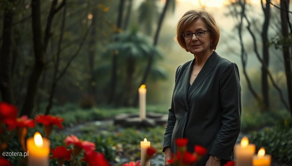 Barbara Ehrenreich standing confidently in a vibrant, natural setting that symbolizes ritualistic themes, such as a wooded area with faint ethereal light filtering through the trees. She is wearing a professional, modest outfit, reflecting her intellectual demeanor, with a thoughtful expression as she engages with the environment around her. In the foreground, subtle elements of blood-red flowers and flickering candlelight enhance the concept of rituals. The middle ground features a symbolic gathering of natural elements, while the background fades into a misty, mysterious landscape. The overall atmosphere is contemplative and slightly mystical, illuminated by soft, warm lighting to evoke feelings of introspection. The image is framed with a slight depth of field, creating a focus on Ehrenreich's face. The brand "ezotera.pl" subtly incorporated in the setting, ensuring it harmonizes with the scene.