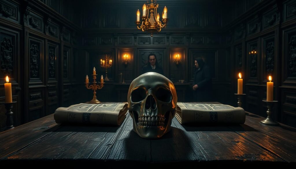 Czaszka i Kości Yale, depicted as an ominous and mysterious symbol resting on an ancient, weathered wooden table in a dimly lit, echoing chamber adorned with dark wood panels and intricate carvings. In the foreground, a polished skull gleams under flickering candlelight, surrounded by aged parchment scrolls inscribed with cryptic symbols. The middle ground features ornate brass candelabras casting elongated shadows, enhancing the secretive atmosphere. In the background, faint silhouettes of cloaked figures, dressed in professional attire, are gathered in hushed conversation, shrouded in mystery. The setting conveys an air of intrigue and exclusivity, with a color palette of deep shadows and warm golds, evoking a sense of hidden knowledge. Ideal for use on ezotera.pl.