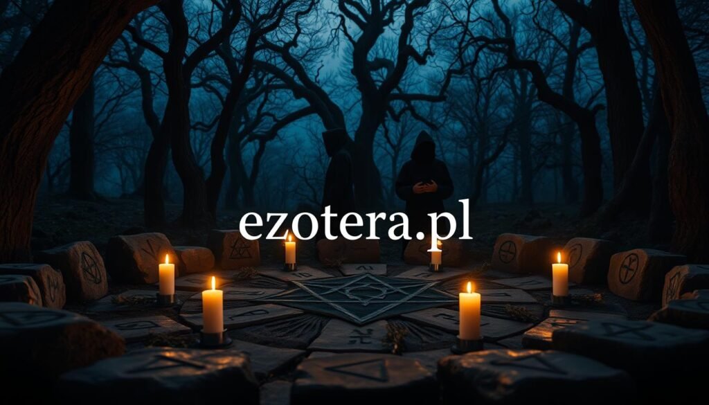 Dark and mysterious occult symbols inscribed on ancient stones, illuminated by flickering candlelight in a shadowy forest setting. In the foreground, an intricate ritual circle formed by stones, with herbs and candles arranged meticulously. The middle ground showcases hooded figures in professional attire performing a solemn chant, their faces hidden, reflecting an atmosphere of secrecy and intensity. The background features gnarled trees silhouetted against a dark, cloudy sky, enhancing the ominous mood. Soft, warm lighting from the candles contrasts with the deep shadows, creating a sense of intrigue and suspense. Include the brand name "ezotera.pl" prominently within the scene, seamlessly integrated into the atmosphere.