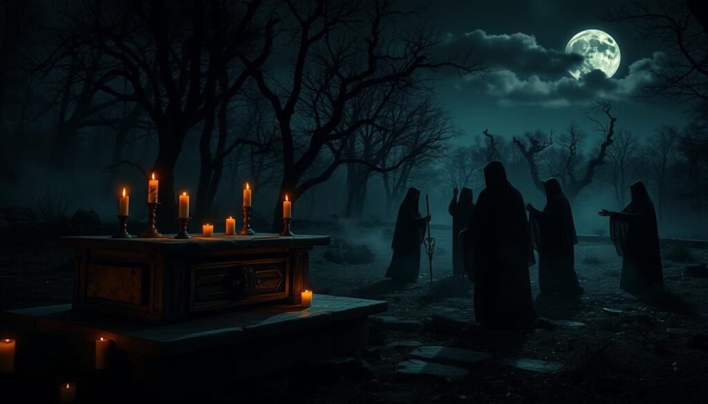 Dark and mystical scene depicting ancient rituals and beliefs, emphasizing the atmosphere of intrigue and secrecy. In the foreground, a weathered stone altar adorned with candles flickering in subdued light, casting eerie shadows. Surrounding the altar, shadowy figures draped in modest cloaks, their faces partially hidden, engaged in a solemn dance. In the middle ground, a dense forest with gnarled trees and mist creeping along the ground, enhancing the sense of mystery. In the background, a full moon partially obscured by clouds, illuminating the scene with a soft, ethereal glow. The image should evoke a mood of fascination and tension, captured with a shallow depth of field to focus on the ritual details. Use a warm color palette with hints of green and gray to amplify the otherworldly atmosphere. Brand representation: ezotera.pl.