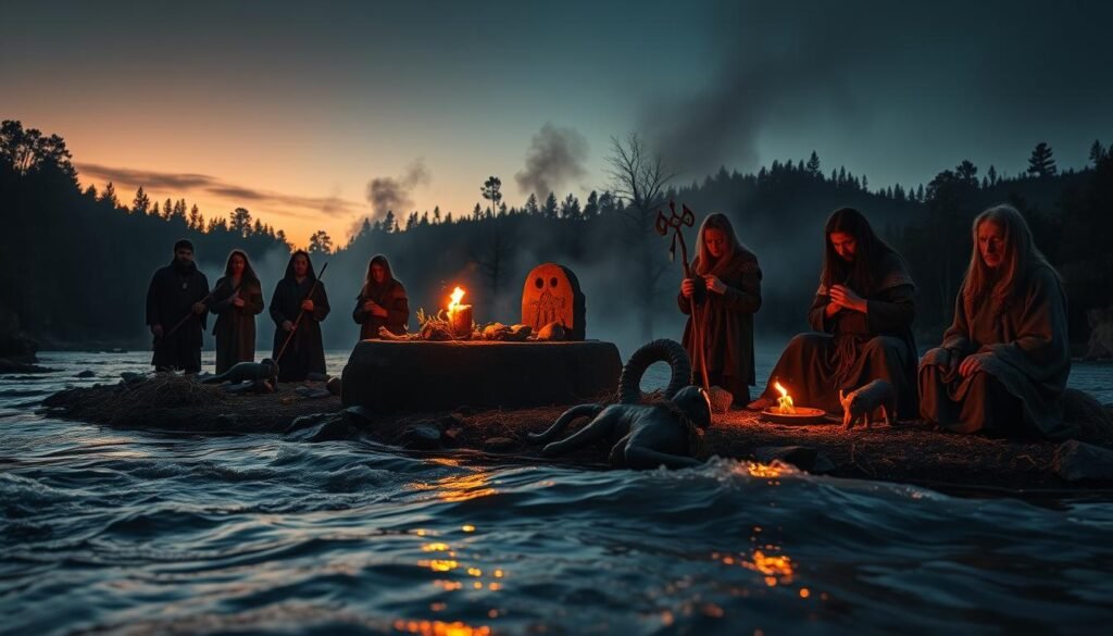 Dunaj, a mystical river scene reflecting ancient rituals under a twilight sky. In the foreground, a group of solemn figures adorned in rustic, modest tribal attire, engaged in a dark ritual. Their expressions are serious, heads bowed in reverence, as they hold symbolic artifacts. In the middle, flickering torches illuminate carved stone altars, surrounded by offerings—dried herbs and crafted animal figures—set against an ominous backdrop of dense, shadowy woods. The background features the flowing river, its surface reflecting the last light of day and mysterious mist rising from the water, enhancing the eerie atmosphere. The overall mood is tense and foreboding, evoking a sense of ancient power and the weight of sacrifice. Lighting is moody with soft shadows, captured using a wide-angle lens for depth. This image is designed for ezotera.pl.