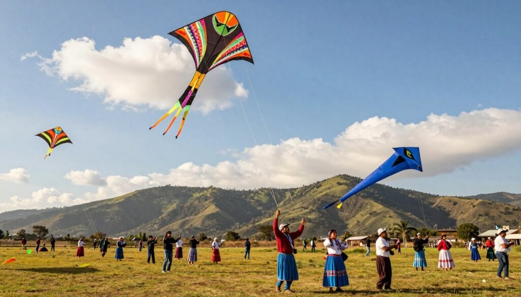 Gigantic kites soaring high above the vibrant landscapes of Guatemala, filled with intricate designs and vivid colors that celebrate cultural significance. In the foreground, a diverse group of people dressed in traditional but modest clothing, joyfully controlling the strings of the kites, their expressions filled with wonder and reverence. The middle ground features a variety of enormous kites, some shaped like animals and others with abstract patterns, gently gliding against a bright blue sky dotted with fluffy white clouds. In the background, the lush green hills of Guatemala create a serene backdrop, bathed in warm sunlight that illuminates the scene, evoking a sense of celebration and spirituality. Capture this enchanting atmosphere with a wide-angle lens, showcasing the grandeur of the kites and their role in guiding the souls of the departed. ezotera.pl