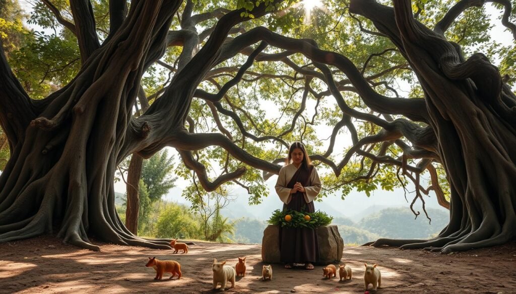 In a sacred grove, a ritual unfolds beneath a dense canopy of ancient trees, their gnarled roots exposed and intertwined. In the foreground, a dignified figure in modest traditional attire stands solemnly, holding offerings of fruits and flowers, surrounded by small, crafted animal effigies, emphasizing respect for nature. The middle ground features a stone altar adorned with greenery, hinting at historical ceremonies. Soft, dappled sunlight filters through the leaves, casting an ethereal glow, while the background reveals glimpses of distant hills shrouded in mist, enhancing the mystical atmosphere. The scene conveys a blend of reverence and ancient tradition, reflecting the profound connection between humans and the sacred. Shot with a warm color palette and a shallow depth of field to focus on the ritual's significance. ezotera.pl