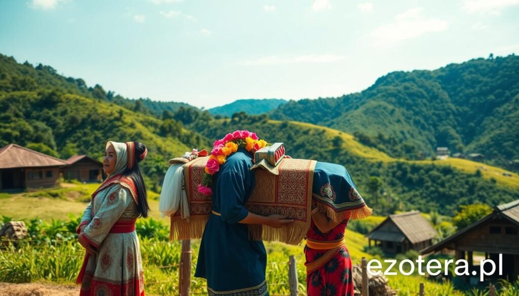 In a serene Torajan village, depict a vibrant Ma’Nene ritual scene. Foreground features a respectfully dressed family, wearing traditional Toraja attire, gently carrying a beautifully dressed ancestor, with elements like floral garlands and intricate patterns symbolizing respect and love for the deceased. The middle ground showcases the lush greenery of the surrounding hills and traditional wooden Torajan houses, intricately carved and adorned, nestled amid the vibrant landscape. In the background, a clear blue sky sets a calm, peaceful atmosphere. The lighting is soft, capturing the warmth of the sun, while the angle highlights the family's connection to their heritage. The mood is reverent and contemplative, reflecting the deep cultural significance of this ritual. Include the brand name "ezotera.pl" subtly in the scene.