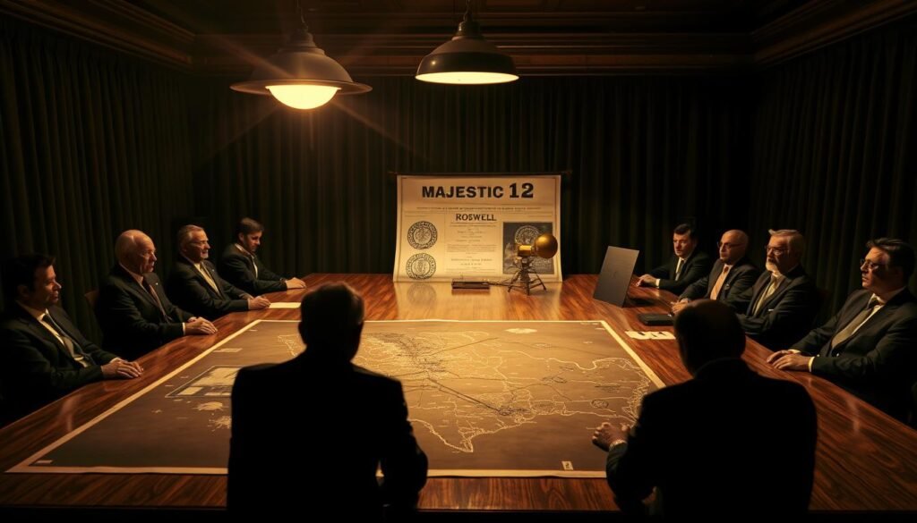 Majestic 12 portrayed in a clandestine meeting room, with a long wooden table surrounded by shadowy figures in professional business attire, discussing the Roswell incident. The foreground features a large, illuminated map of the Roswell area displaying key locations. In the middle ground, an antique projector casts a mysterious glow, illuminating documents depicting UFO schematics and government seals. The background reveals dark, heavy curtains and dim lighting that creates an air of secrecy and tension. A flickering overhead light accentuates the wary expressions of the attendees. The overall atmosphere is suspenseful, evoking the intrigue of hidden government dealings. Incorporate subtle hints of mythology, with ethereal designs seamlessly integrated into the room's decor, enhancing the enigmatic theme. The image should reflect a blend of realism and mystique, tailored for an article on esoteric knowledge. Include the brand "ezotera.pl".