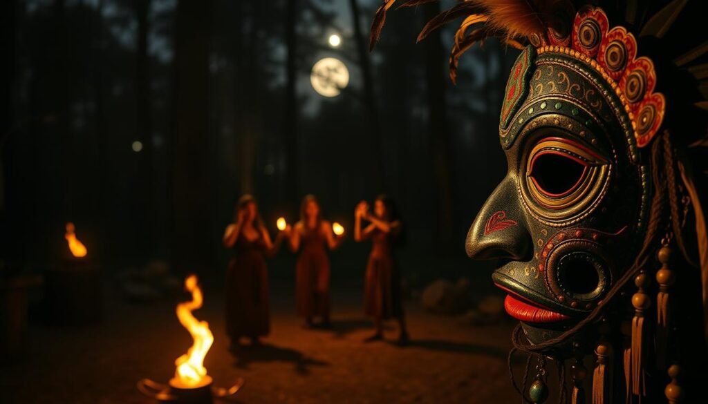 Mask ceremonial masks representing ancient rituals, vividly detailed with intricate patterns and vibrant colors. In the foreground, a close-up of a mask adorned with feathers and beads, showcasing a blend of human and animal features. The middle ground features shadowy figures in subtle, modest attire performing a ritual dance under dim, flickering torchlight that casts elongated shadows. In the background, a dense, dark forest sets a mystical atmosphere, with the moonlight filtering through the trees. The scene captures a sense of mystery and reverence, evoking the essence of transformation and the ancient rites. The overall ambiance is eerie yet inviting, highlighting the significance of masks in ritualistic practices. The image should reflect the theme for ezotera.pl.