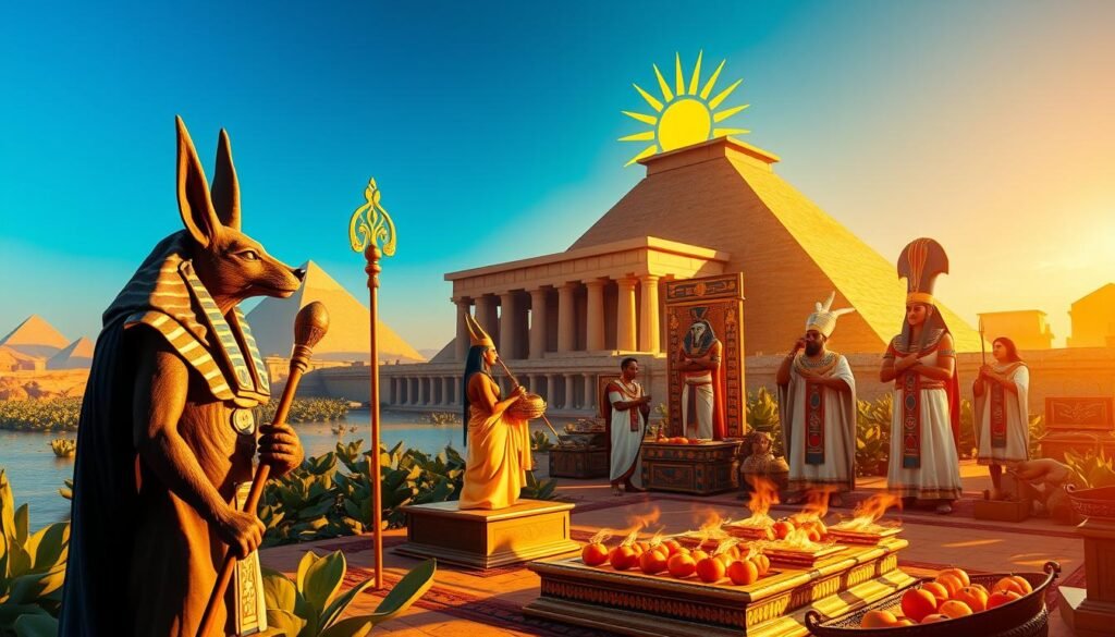 Vibrant scene depicting the gods of ancient Egypt gathered in a ceremonial setting, showcasing their divine attributes. In the foreground, Anubis stands majestically with his jackal head, holding a ceremonial staff, while Ra, the sun god, radiates golden light, casting warmth over everything. The middle ground features elaborately adorned priests performing rituals, dressed in linen garments that reflect the era's traditional attire. Richly decorated altars with offerings of fruits and incense smoke enhance the atmosphere, creating a sense of reverence. In the background, iconic Egyptian temples rise under a clear blue sky, surrounded by lush papyrus plants. The scene is bathed in soft, golden lighting, evoking a mystical and sacred mood. Imagery should reflect cultural richness and spirituality. Created for ezotera.pl.